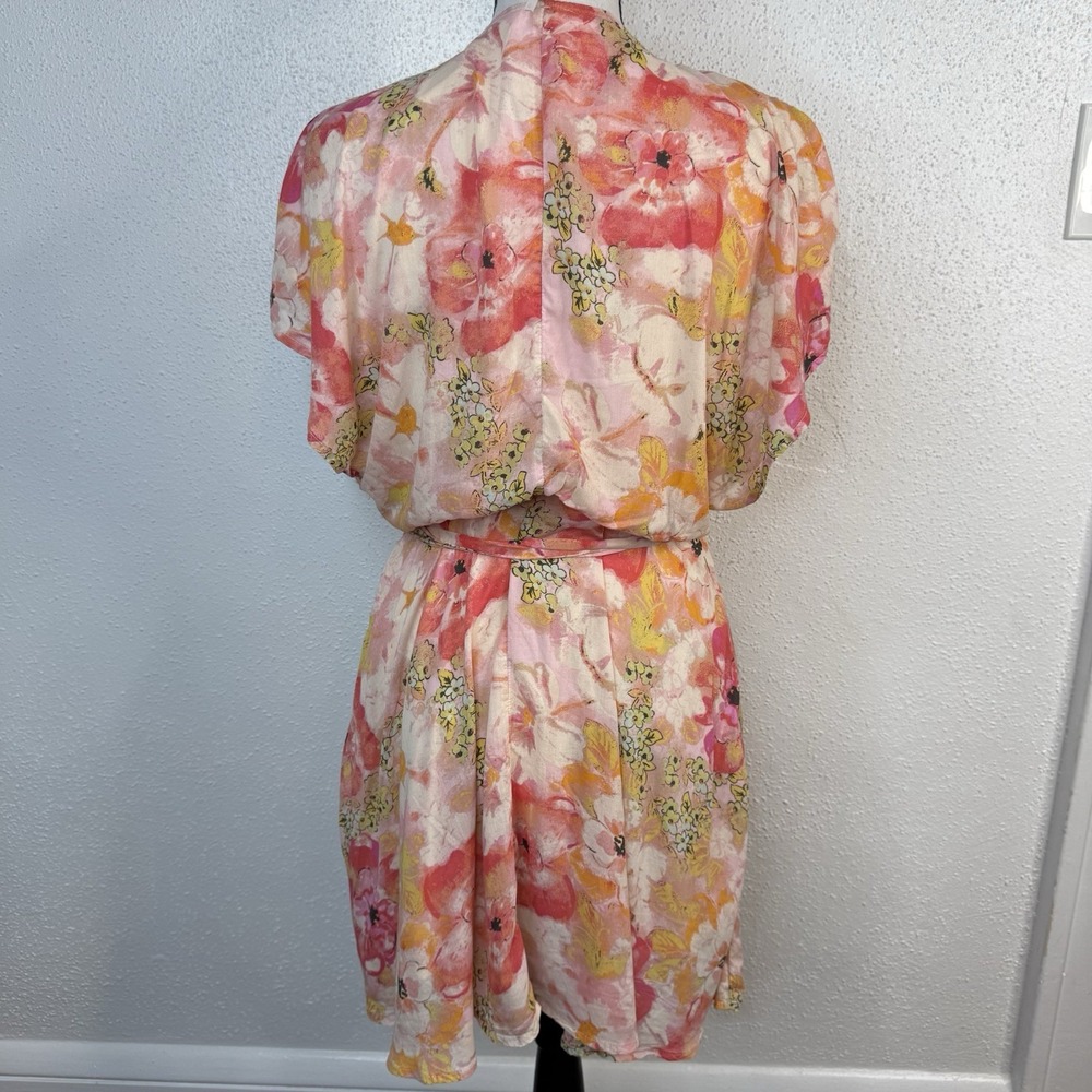 Free People Women's Floral V-Neck Short Sleeve Tie Waist Zip Short Dress Size S - Picture 7 of 12